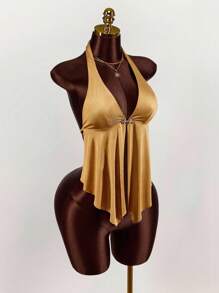 Amplova Women's Sexy Backless Halter Neck Top, Summer Gold Halter Top - Yellow - View 1