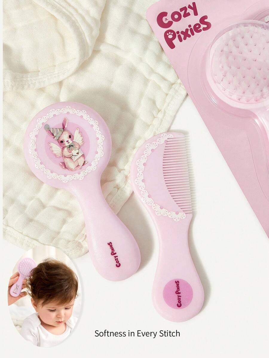 Cozy Pixies 2pcs Baby Newborn Care Tool Set, Pink Rabbit Pattern Pastoral Style Brush & Comb - Pink - View 1