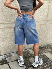 SHEIN EZwear 女士时尚休闲磨边口袋牛仔短裤 - 藍色 - 查看 2