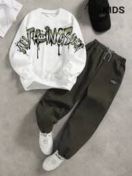 PAVTROS 2pcs/Set Tween Boys Fashion White Hoodie + Olive Green Pants, Green Print Design, Soft Fabric, Comfortable Casual Wear, Suitable For Spring Autumn, School & Outing Fall Winter