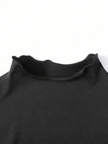 青少年女孩优雅街头风格高领修身褶饰长袖针织拼布纯色灯笼下摆连衣裙，可爱俏皮，适合万圣节派对、圣诞节，适合居家、郊游、节日、上学，黑色 - 黑色 - 查看 7