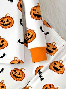 SHEIN Young Boy White Halloween Pajama Set,Cute Pumpkin Head Little Bats Pattern Snug Fit Long Sleeve Crew Neck - Multicolor - View 6