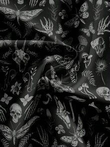 ROMWE Goth 哥特式黑暗神秘恐怖骷髅、蝙蝠、飞蛾、植物印花女式黑色半身裙，全印花，高开衩，秋冬 - 黑色 - 查看 4