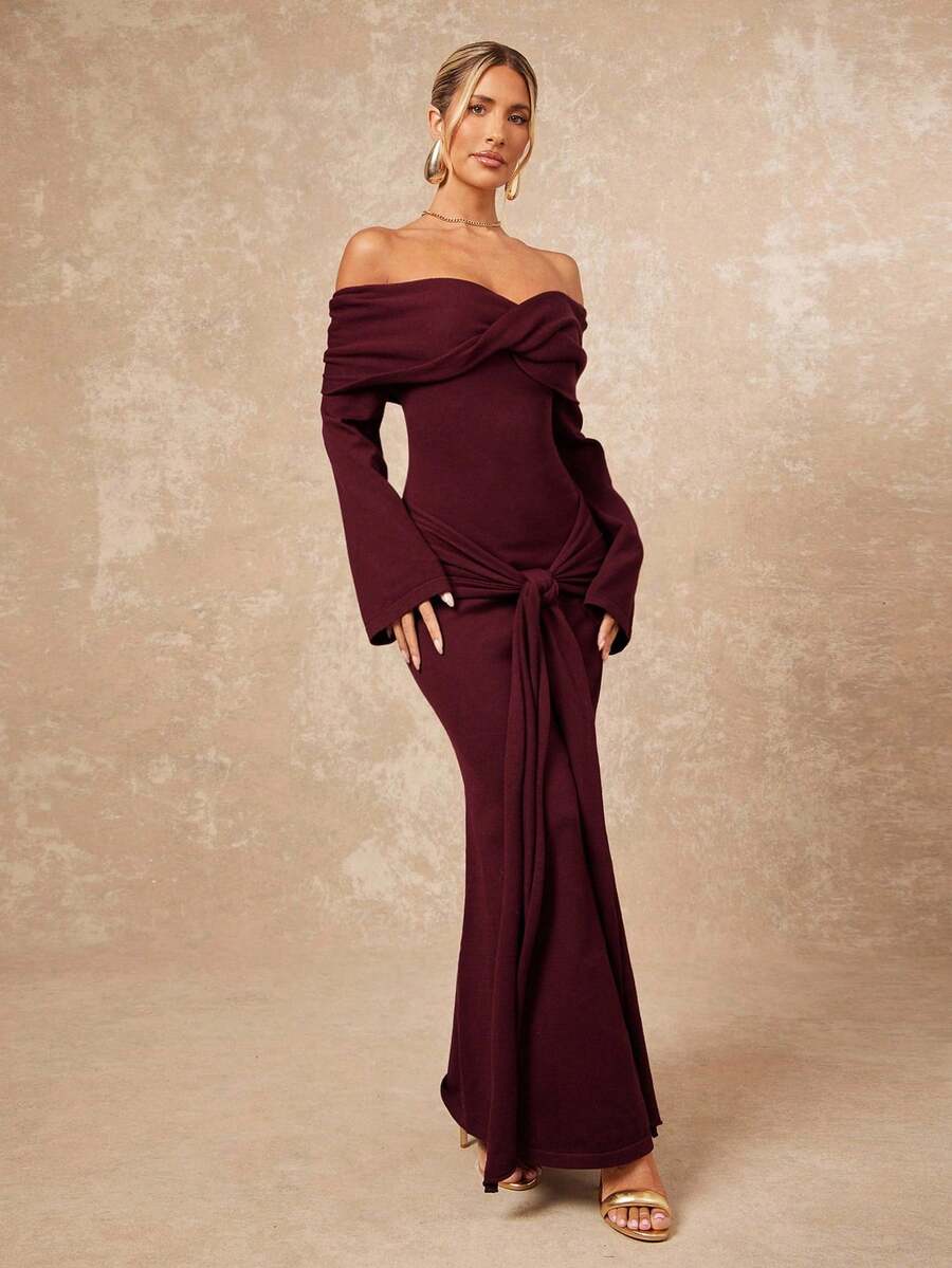 Lumalex 秋冬派对晚宴 优雅老派 闪亮节日派对 锐舞节 郊游 度假 户外 层次丰富 婚礼季 宴会 成人礼 露肩喇叭袖收腰褶皱系带长款毛衣连衣裙 女士 奢华舞会 ID 古尔邦节 古尔邦节派对 新年 - 酒紅色 - 查看 1