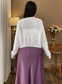 SHEIN Clasi 女式V领串珠蝴蝶结休闲针织开衫 - 白色 - 查看 2
