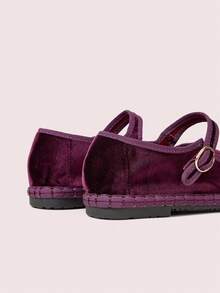 CUCCOO DOLLMOD Women's Burgundy Velvet Classic Comfortable Mary Jane Flat Shoes, Elegant & Fashionable For Christmas Spring Shoes - Purple - View 2