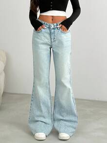 Women Low Waist Wash Detailed Flare Leg Jeans Y2k Jeans Wide Leg Jeans Flared Jeans Low Rise Flared Jeans - Light Wash - View 6