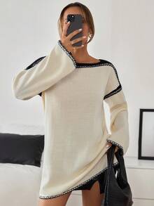 EURMUSE Damen Pullover mit Kontrastbindung, Drop-Shoulder - Creme - Übersicht 4