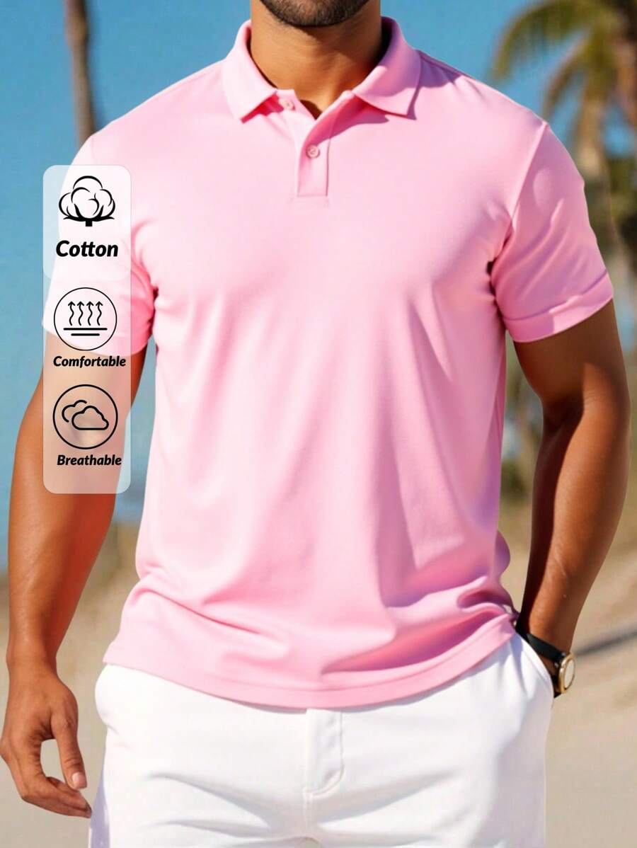 RueChic Men Casual Solid Regular Short Sleeve Polo Shirt - Pink - View 1
