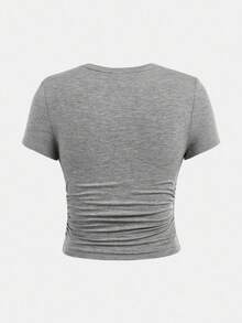 SHEIN Girlism Tween Girl Casual Fitted Light Blue Ruched Crew Neck Top And Ruched Flare Pants Set Grey Pants - Light Grey - View 7