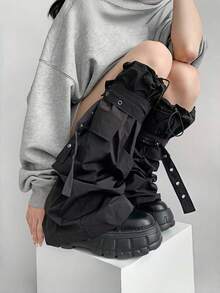 ROMWE Grunge Punk 1 Cặp quần ống bó ống chân có dây buộc nhiều túi phong cách Punk thời trang đường phố dành cho nữ, ống bó ống chân màu trơn dài đến đầu gối, thời trang cá tính dành cho giới trẻ thế hệ Millennials - màu đen - Xem 4