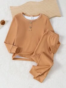4pcs/Set Young Boy Casual Solid Color Patchwork Crew Neck Long Sleeve Top And Pants Homewear Set - Brown - View 9