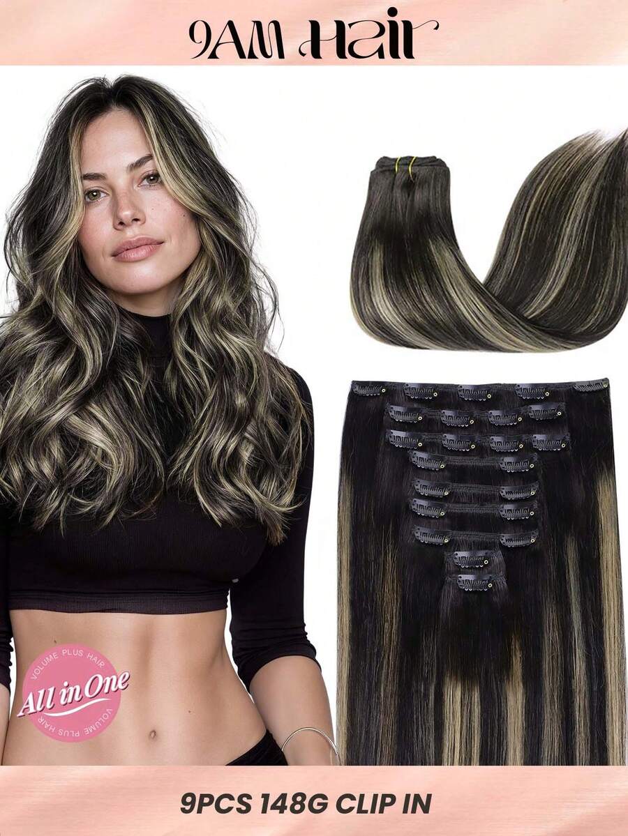 9 piezas de extensiones de cabello con clip recto 100% cabello humano real de 14-24 pulgadas 148G con doble trama, extensiones de cabello invisibles con clip, cabello humano Remy natural para uso diario de mujeres y niñas