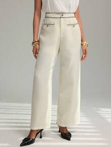 Modelyn Pantalones casuales de mujer de pierna recta con decoración de botones y cinta de contraste de color - Blanco - Ver 5