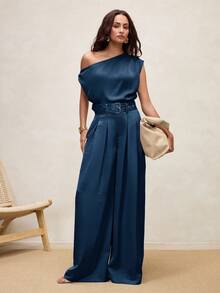 Arave Women's Elegant Satin Pleated Wide Leg Pants,Navy Blue Summer Office High-Waisted Solid Color Minimalist Long Pants For Fall Autumn Commuting - Blue - View 5