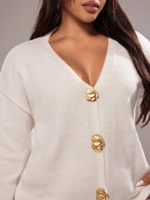 Rustia Shell Metal Button Solid Color Loose Knit Cardigan Winter Fall Autumn CASUAL - Apricot - View 2