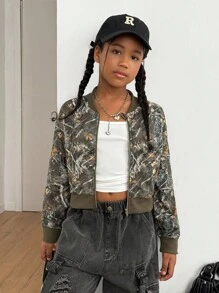 青少年女孩日常休闲树枝印花拉链夹克 - 彩色 - 查看 6