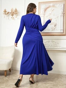 Ellevyn Women's Curvy Plus Size Royal Blue Dress,Long Sleeve Elegant Formal Pleated Ruched Knit Dress For Winter Wedding Guest,Party,Date Night Outfit,2025 - Blue - View 9