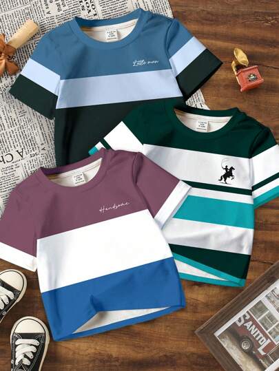 3 件套男童休闲短袖时尚酷炫经典拼色图案印花圆领 T 恤，适合夏季校园风格