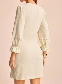 CAJUNI Women's Lace Patchwork Textured Semi-Sheer Boho Puff Sleeve A-Line Mini Dress - Cream - View 6