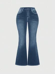 ROMWE Grunge Punk Jeans acampanados de talla grande con lavado y bordado cruzado casual - Azul - Ver 2