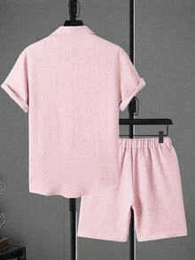 OTTIMOZO 2pcs Men's Casual Shirt And Drawstring Shorts Set Men 2 Pieces Summer Set Men Co-Ord Set - Baby Pink - View 2