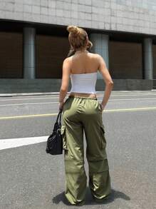 SHEIN Loose Casual Comfortable Mid-Waist Cargo Pocket Straight Leg Pants For Teen Girls Fall Winter - Army Green - View 3