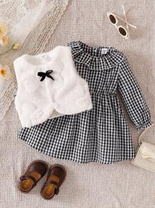 SHEIN 2pcs Baby Girls Plaid Ruffle Hem Dress + Coral Fleece Vest With Bow Decor, Cute Sweet Fashion Outfit, Suitable For Spring & Autumn Fall Winter - Multicolor - View 4
