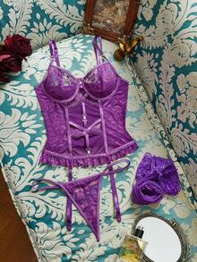 4 件套女士性感蕾丝内衣套装 - 紫色 - 查看 9