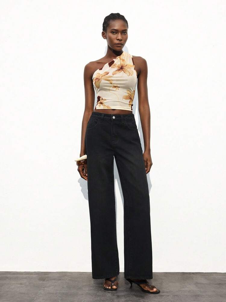 SHEIN Maija 2025 Autumn/Winter New Tropical Tie Dye Floral Print Asymmetric Shoulder Design Top, Chic Urban Elegant Romantic Office Formal Casual Workwear, Suitable For Wedding Guest, Party, Concert, Daily Wear, Halloween, Christmas, National Day, New Year