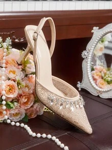 CUCCOO HITCHD Women's V-Cut Toe Pumps, Ivory White, Spring/Summer/Autumn, New Arrival, Elegant Criss-Cross Ankle Strap, Square Toe, Metal Stud Decor, PU Leather, Soft & Comfortable, Closed Toe Sandals, Fashionable & Charming, Metal Rhinestone Decor