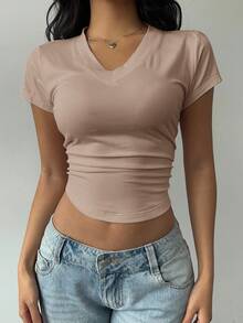 SHEIN BASICS 休闲纯色V领短袖修身女式T恤 - 摩卡棕 - 查看 4