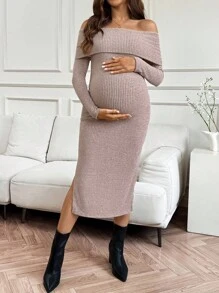 SHEIN Gaun Hamil Elegan Warna Pink, Gaun Kasual Musim Gugur Tanpa Bahu dengan Belahan Bergaris Lengan Panjang untuk Acara Baby Shower, Gaun Rajut Ketat Musim Gugur Musim Dingin - Berwarna merah muda - View 7