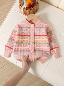 SHEIN 女孩彩色条纹心形纽扣开衫，彩虹针织毛衣，长袖圆领外套 - 粉色 - 查看 8