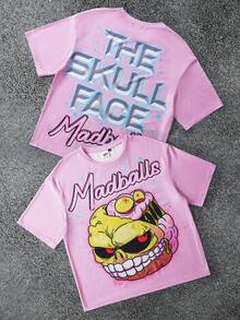 MADBALLS X SHEIN 男士休闲卡通字母印花圆领短袖 T 恤，夏季，2000 年代风格 - 粉色 - 查看 1