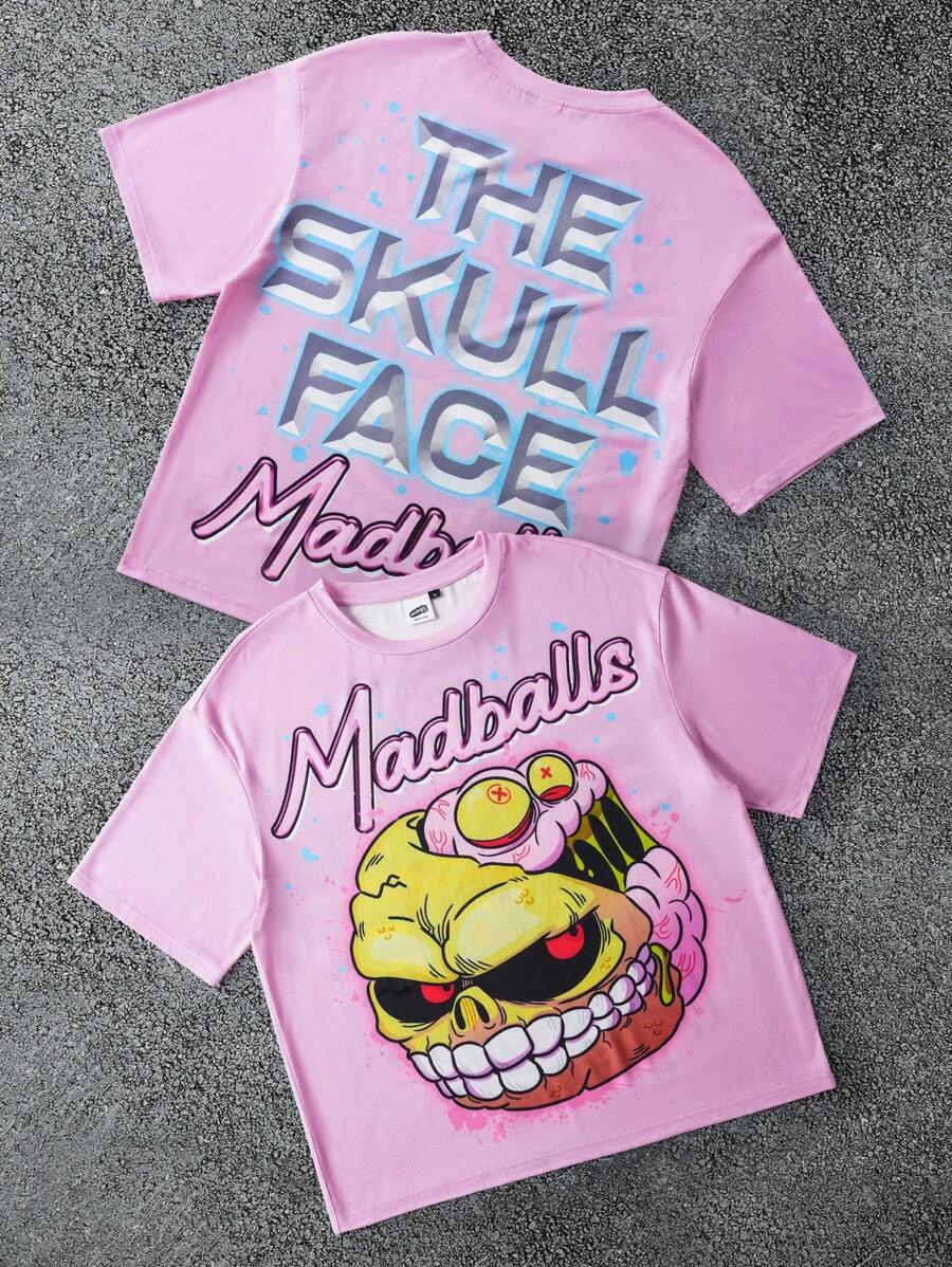 MADBALLS X SHEIN 男士休闲卡通字母印花圆领短袖 T 恤,夏季,2000 年代风格 - 粉色 - 查看 1