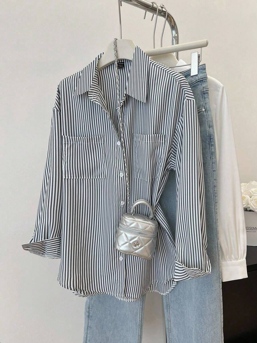 Elamini 休闲百搭简约条纹长袖衬衫 - 黑色 - 查看 1