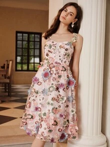 SHEIN Unity Váy lưới thêu hoa 3D cổ tròn không tay thời trang Pháp - Hồng - Xem 5