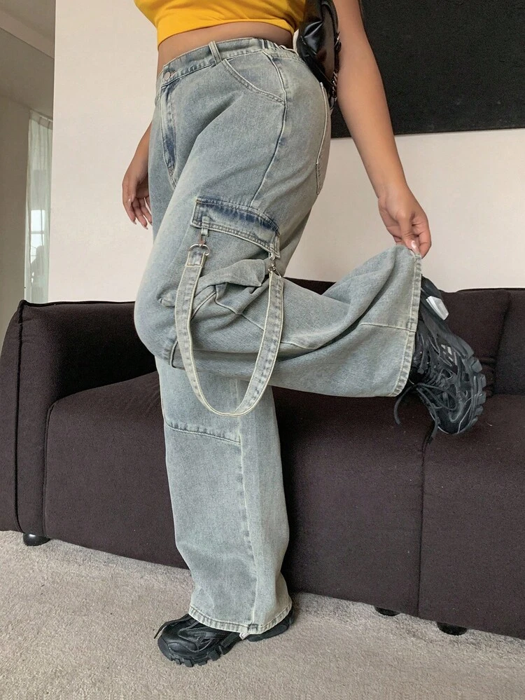Dazy Plus Light Wash Blue Side Pocket Cargo Jeans, Straight Leg, Street Style, Plus Size, All Season