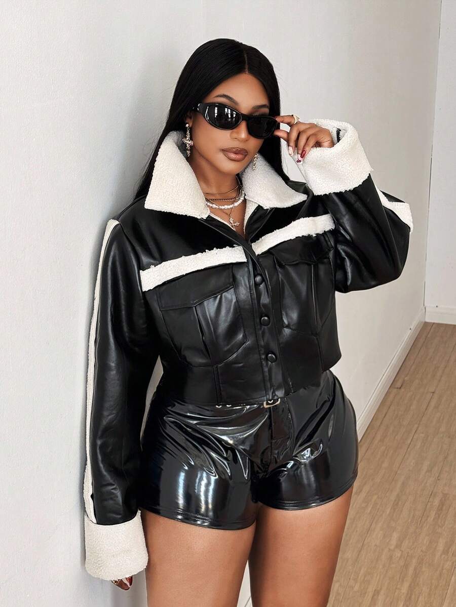 Maweii Plus Size Contrast Color PU Leather Short Jacket With Turndown Collar Winter Fall Autumn - Black - View 1