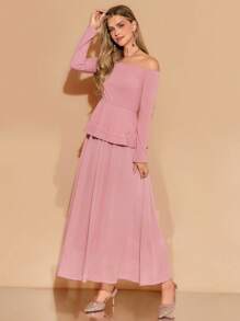 Amorya Women's New Off Shoulder & Chiffon Skirt 2 Pieces Set, Pink, Elegant For Daily Wear, Autumn Elegant Midi Dress Pink Chic Autumn - Pink - View 7