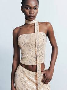 Maija 2 件套女士休闲度假抹胸领带亮片串珠设计，适合春夏季 - 卡其色 - 查看 5