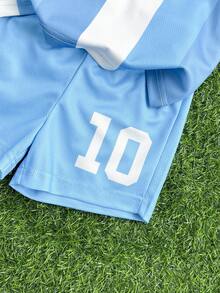 SHEIN Baby Boy Infant Toddler Newborn 0-3 Years Old Casual Sports Football Jersey Top + Shorts Set, Barcelona Team Raglan Sleeve Sportswear - Blue and White - View 5