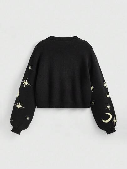 Fairycore Women's Retro Halloween Black Cat, Star, Moon Jacquard Knit Crew Neck Basic Pullover Sweater
