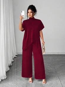 Elenzga 女式大码休闲时尚高领短袖不对称下摆上衣 + 纯色阔腿裤 2 件套 - 酒紅色 - 查看 1