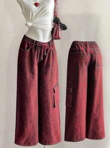 Attitoon Quần jeans ống rộng ống rộng giặt thường ngày dành cho nữ - Màu Đỏ Sâu - Xem 1