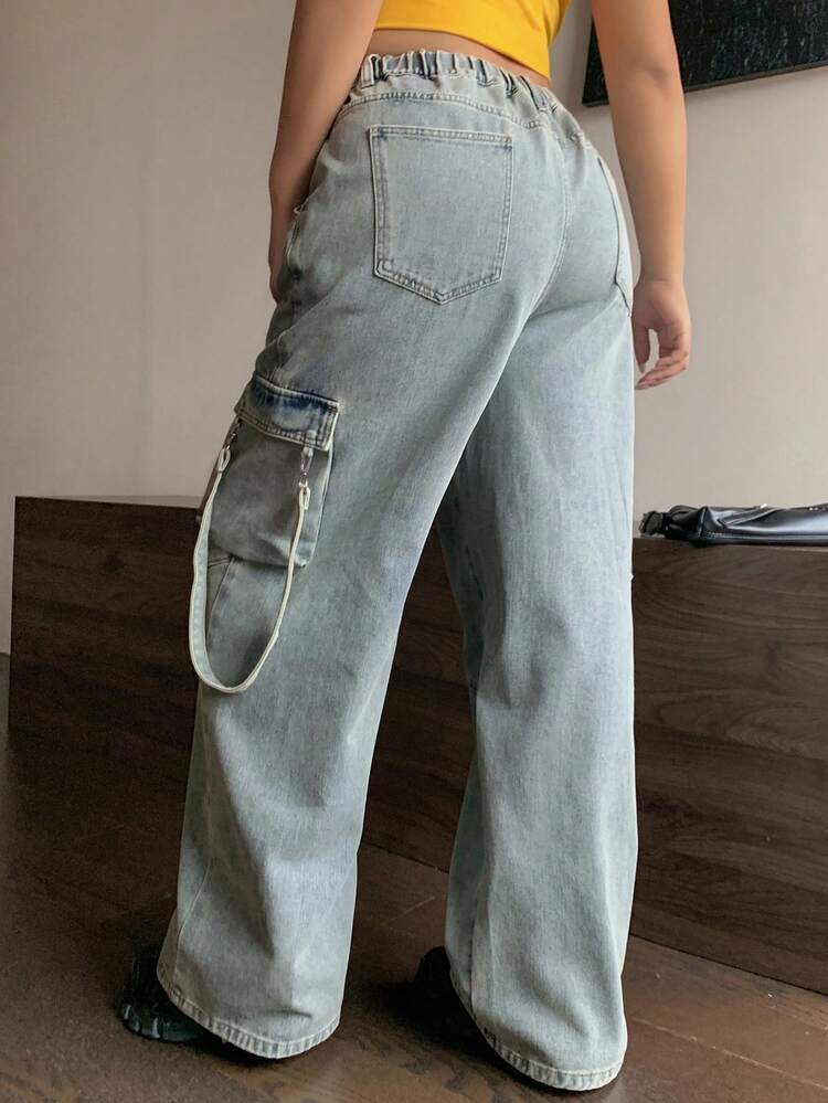 Dazy Plus Light Wash Blue Side Pocket Cargo Jeans, Straight Leg, Street Style, Plus Size, All Season