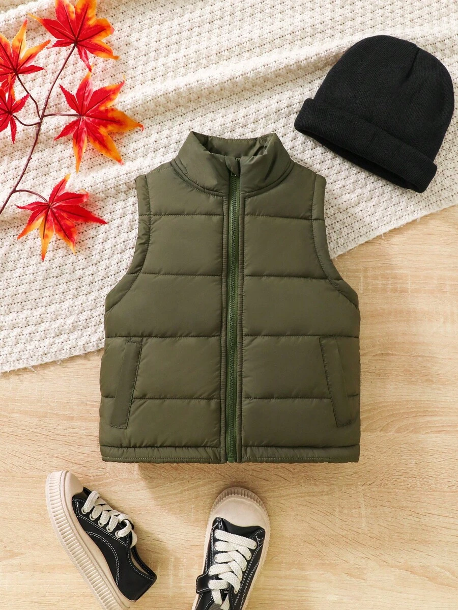 SHEIN Vintaside Kids 男童无袖拉链背心外套,适合返校季,秋冬季时尚百搭 - 軍綠色 - 查看 1
