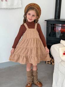 LMoss Kids 2pcs Young Girl Knitted Polo Neck T-Shirt And Corduroy Suspender Dress Set,Toddler Ruffle Jumper,Autumn Family Matching Cozy Winter Clothes - Multicolor - View 5
