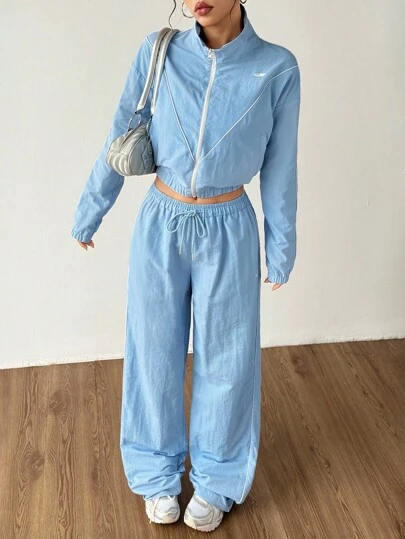 SHEIN Sports 女士运动套装白色条纹长裤宽松阔腿裤运动服、运动服、运动夹克和裤子、运动服、浅蓝色套装、板式网球、网球、匹克球、返校、复古街头服饰、街头风格。学院风、运动服套装秋冬套装、男式运动学院风家居服休闲秋季运动服运动服冬季健身舒适运动休闲装